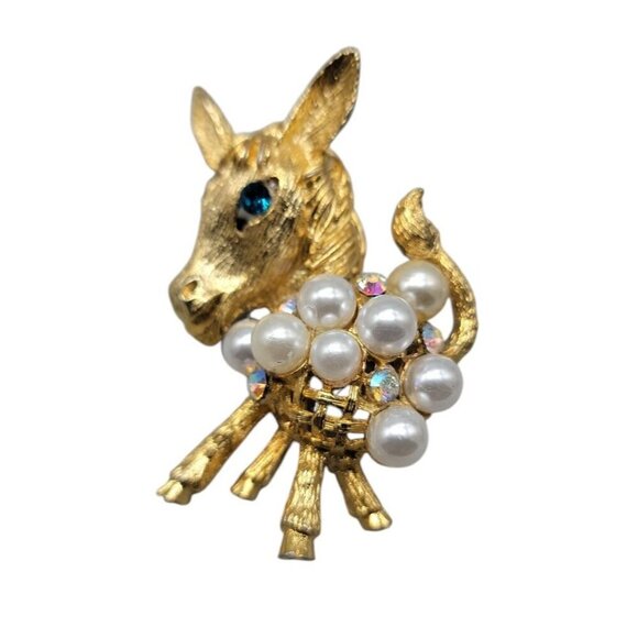 Donkey Brooch Faux Pearl & Aurora Borealis Rhinestone Gold Tone Setting - Picture 9 of 9